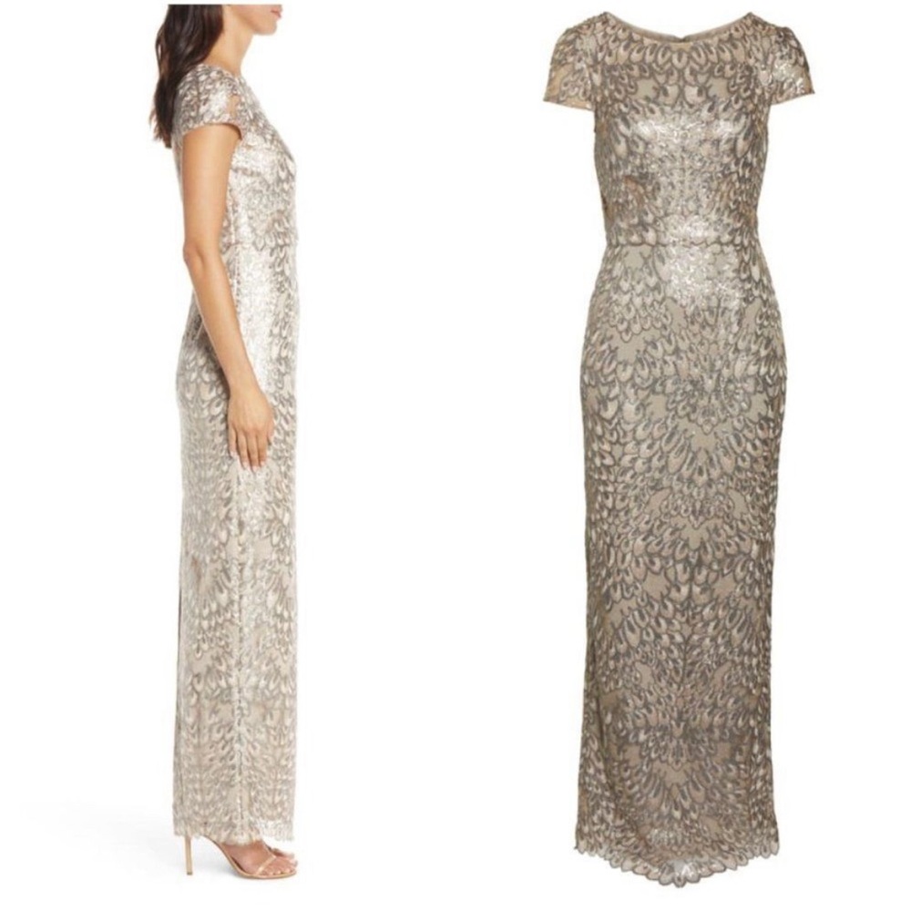 ADRIANNA PAPELL Sequin Popover Column Gown